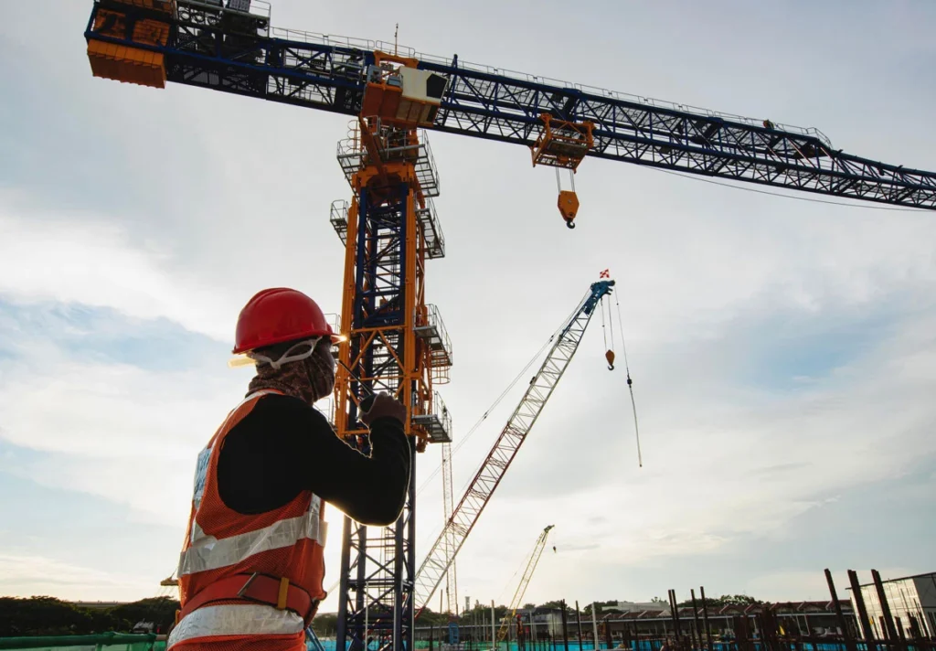 student standing next to large crane