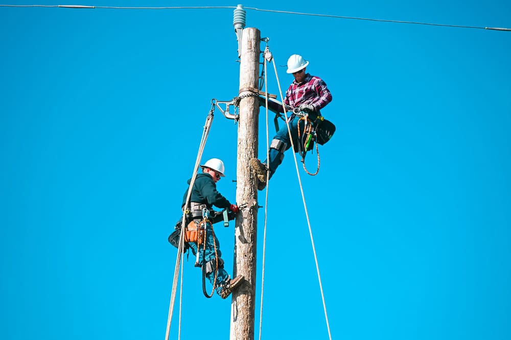 two linemen workers on a telephone pole
